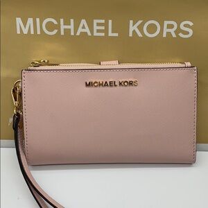 MICHAEL KORS LG DOUBLE ZIP WRISTLET BLOSSOM POWDER BLUSH NWT